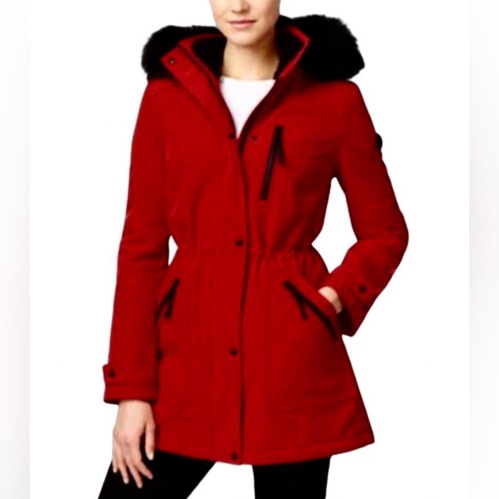 Calvin Klein Women’s Faux-Fur-Trim Hooded Raincoat Size XS